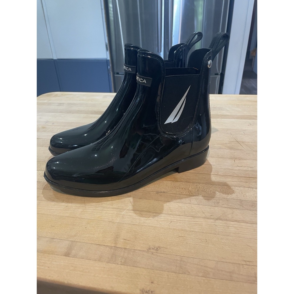 Nautica Cuff Port Lurex Shiny Black Ankle Rain Boots Size 8 Boat Logo Minimalist